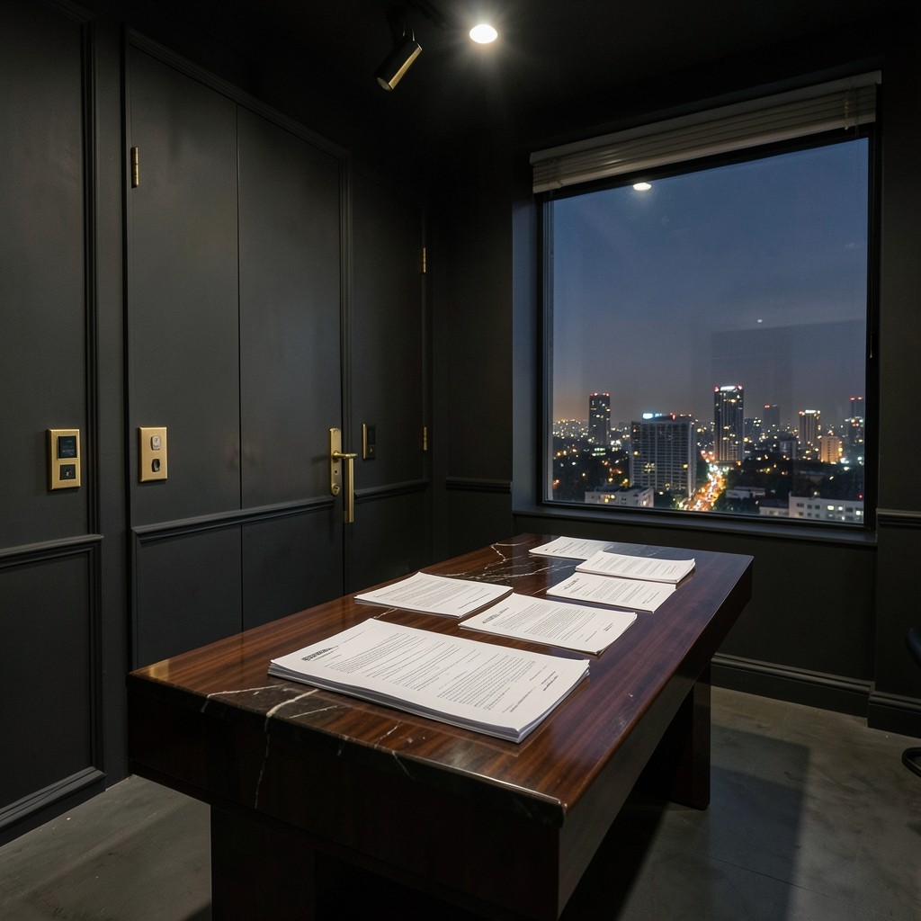 Quiet Nonthaburi studio workspace with printed regional reports and warm low lighting
