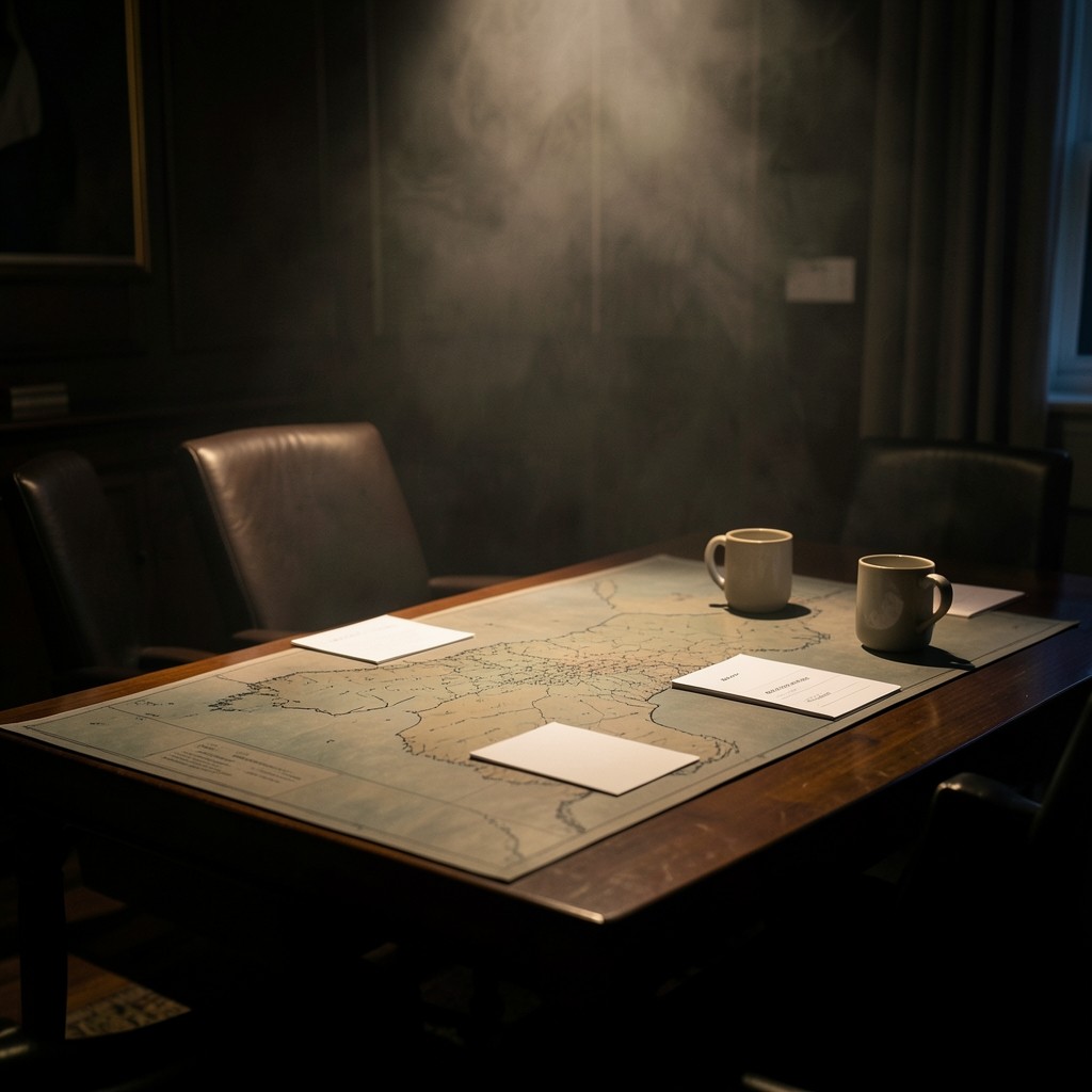 Facilitated workshop table with regional maps and KPI ranking cards under warm directional light