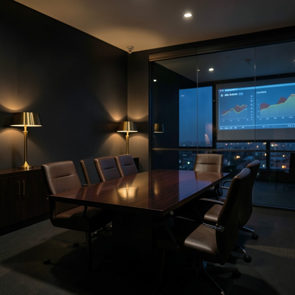 Dimly lit executive meeting room with regional performance charts reflected on glass