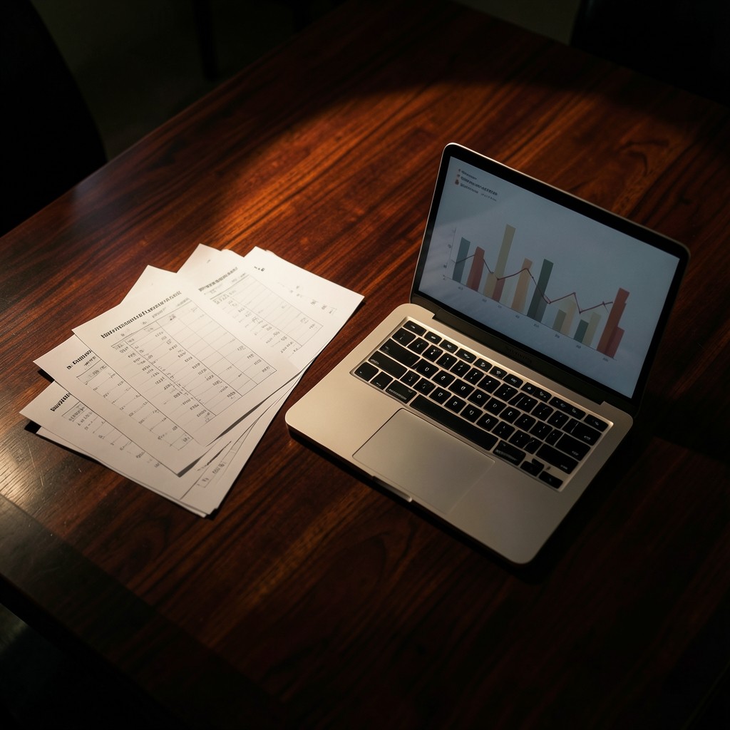 Leadership review table with printed regional scorecards and a laptop showing structured charts
