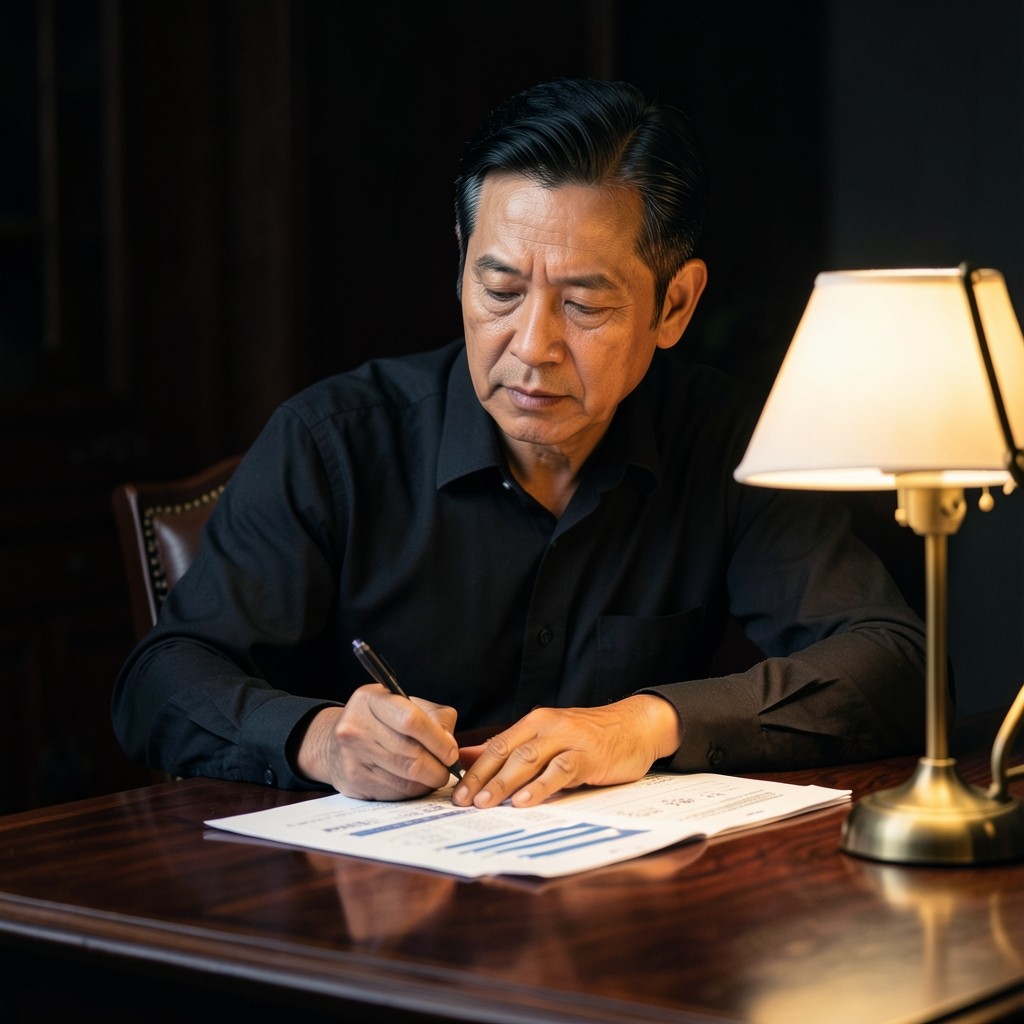 Portrait of Nattapong Srisuk reviewing printed charts at a wooden desk